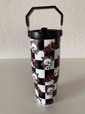 Ed Hardy Skull Roses Checkered Tumbler Travel Mug Straw Handle BPA‎ Free 30 Oz